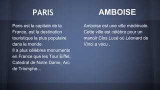 PARIS
Paris est la capitale de la
France, est la destination
touristique la plus populaire
dans le monde.
Il a plus célèbres monuments
en France que les Tour Eiffel,
Catedral de Notre Dame, Arc
de Triomphe...
Amboise est une ville médiévale.
Cette ville est célèbre pour un
manoir Clos Lucé où Léonard de
Vinci a vécu .
AMBOISE
 