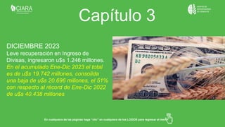 DICIEMBRE 2023
Leve recuperación en Ingreso de
Divisas, ingresaron u$s 1.246 millones.
En el acumulado Ene-Dic 2023 el total
es de u$s 19.742 millones, consolida
una baja de u$s 20.696 millones, el 51%
con respecto al récord de Ene-Dic 2022
de u$s 40.438 millones
En cualquiera de las páginas haga “clic” en cualquiera de los LOGOS para regresar al menú
Capítulo 3
 