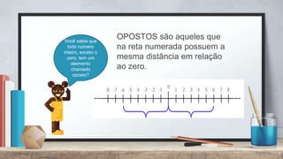 11
Você sabia que
todo número
inteiro, exceto o
zero, tem um
elemento
chamado
oposto?
OPOSTOS são aqueles que
na reta numerada possuem a
mesma distância em relação
ao zero.
 