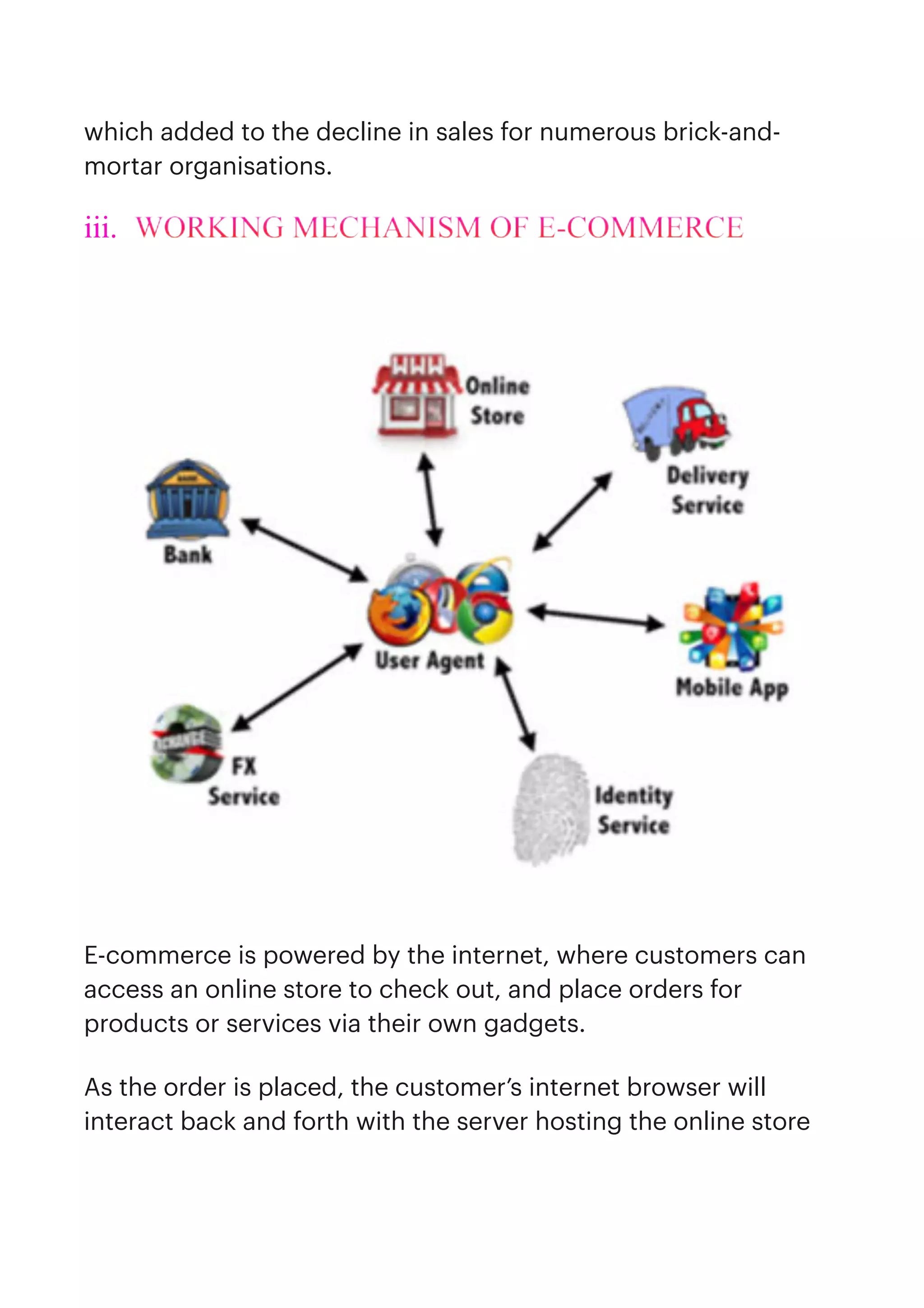 which added to the decline in sales for numerous brick-and-
mortar organisations.


iii. WORKING MECHANISM OF E-COMMERCE




E-commerce is powered by the internet, where customers can
access an online store to check out, and place orders for
products or services via their own gadgets.


As the order is placed, the customer’s internet browser will
interact back and forth with the server hosting the online store
 