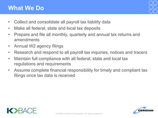 What We Do

• Collect and consolidate all payroll tax liability data
• Make all federal, state and local tax deposits
• Prepare and file all monthly, quarterly and annual tax returns and
  amendments
• Annual W2 agency filings
• Research and respond to all payroll tax inquiries, notices and tracers
• Maintain full compliance with all federal, state and local tax
  regulations and requirements
• Assume complete financial responsibility for timely and compliant tax
  filings once tax data is received




                        © 2008 Ceridian Corporation. All rights reserved.
 