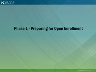 Phase 1 - Preparing for Open Enrollment




4                                       © 2009 KBACE Technologies, Inc.
 
