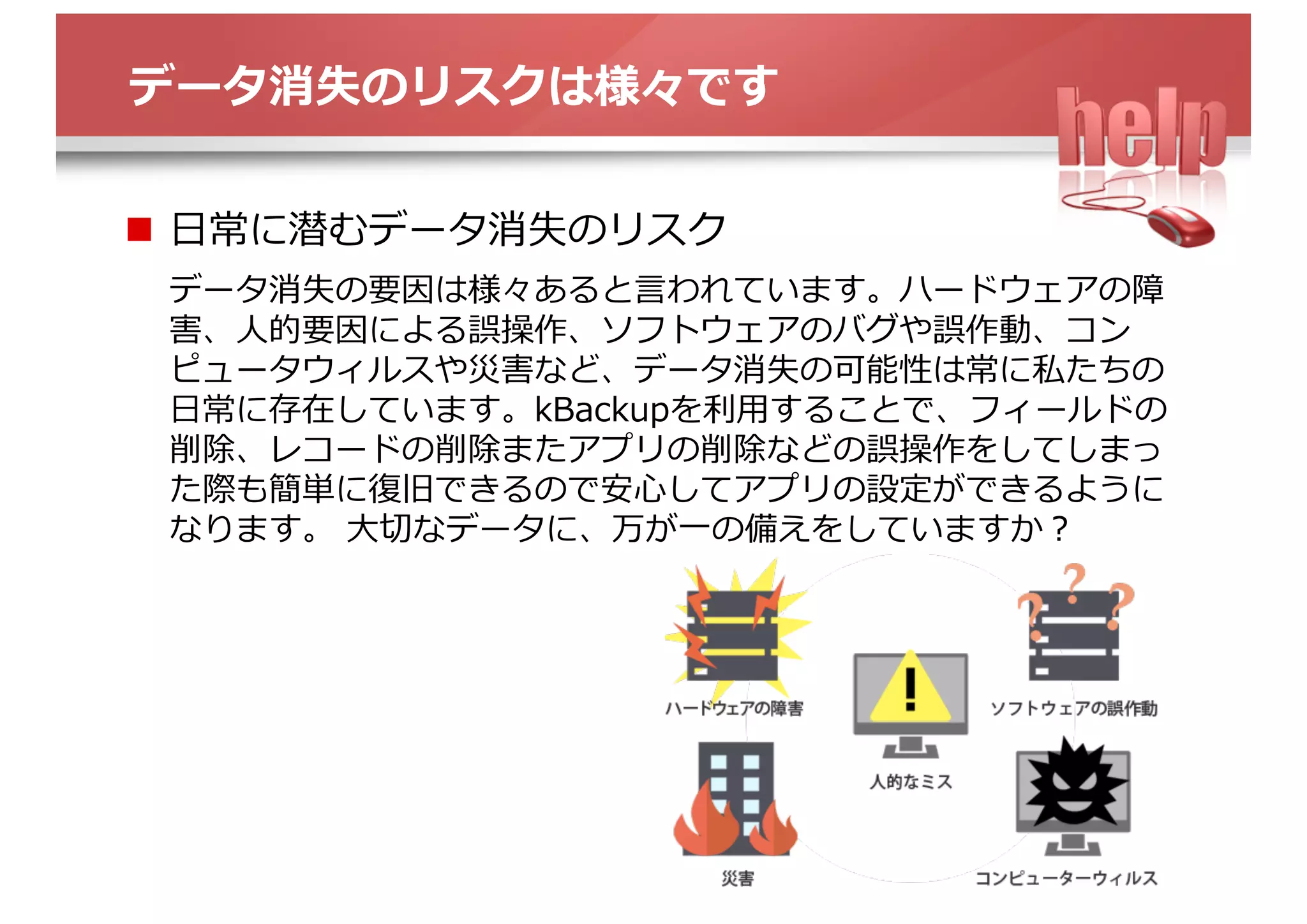 データ消失のリスクは様々です
n  ⽇常に潜むデータ消失のリスク
データ消失の要因は様々あると⾔われています。ハードウェアの障
害、⼈的要因による誤操作、ソフトウェアのバグや誤作動、コン
ピュータウィルスや災害など、データ消失の可能性は常に私たちの
⽇常に存在しています。kBackupを利⽤することで、フィールドの
削除、レコードの削除またアプリの削除などの誤操作をしてしまっ
た際も簡単に復旧できるので安⼼してアプリの設定ができるように
なります。 ⼤切なデータに、万が⼀の備えをしていますか？
 