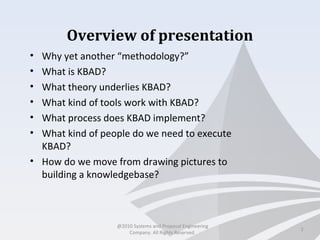 Overview of presentation
• Why yet another “methodology?”
• What is KBAD?
• What theory underlies KBAD?
• What kind of tools work with KBAD?
• What process does KBAD implement?
• What kind of people do we need to execute
KBAD?
• How do we move from drawing pictures to
building a knowledgebase?
2
@2010 Systems and Proposal Engineering
Company. All Rights Reserved.
 