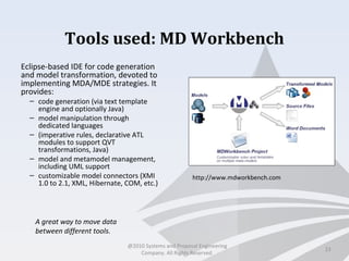 Tools used: MD Workbench
Eclipse-based IDE for code generation
and model transformation, devoted to
implementing MDA/MDE strategies. It
provides:
– code generation (via text template
engine and optionally Java)
– model manipulation through
dedicated languages
– (imperative rules, declarative ATL
modules to support QVT
transformations, Java)
– model and metamodel management,
including UML support
– customizable model connectors (XMI
1.0 to 2.1, XML, Hibernate, COM, etc.)
23
http://www.mdworkbench.com
A great way to move data
between different tools.
@2010 Systems and Proposal Engineering
Company. All Rights Reserved.
 
