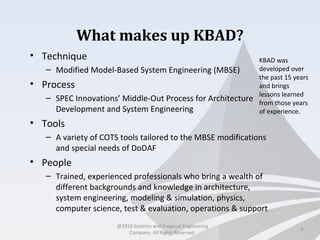 What makes up KBAD?
• Technique
– Modified Model-Based System Engineering (MBSE)
• Process
– SPEC Innovations’ Middle-Out Process for Architecture
Development and System Engineering
• Tools
– A variety of COTS tools tailored to the MBSE modifications
and special needs of DoDAF
• People
– Trained, experienced professionals who bring a wealth of
different backgrounds and knowledge in architecture,
system engineering, modeling & simulation, physics,
computer science, test & evaluation, operations & support
6
KBAD was
developed over
the past 15 years
and brings
lessons learned
from those years
of experience.
@2010 Systems and Proposal Engineering
Company. All Rights Reserved.
 