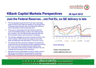 KBank Capital Markets Perspectives                                                                                                                                                            26 April 2012

Just the Federal Reserves…not Fed Ex, so QE delivery is late
                                                                                                                                           %
The Fed decided to keep the Fed Funds rate in the target                                                                                   8
range of 0.00%-0.25% after the meeting on 24-25 April 2012.                                                                                 7
This target range has been kept since December 2008 and                                                                                     6
will be maintained at least through late-2014                                                                                               5
There was no strong signal from the Fed about the third                                                                                     4
round of Quantitative Easing or QE3 in the meeting at this                                                                                  3
time. However, the Fed Chairman Ben Bernanke said that                                                                                      2
the Fed stands ready to add its stimulus if necessary.                                                                                      1
                                                                                                                                            0
The Fed also upgraded its economic forecast for 2012 in this
                                                                                                                                                00      01       02       03        04       05        06       07       08        09       10       11        12
month meeting. GDP forecast was raised to 2.4%-2.9%
while unemployment rate was lower to 7.8%-8.0% in 2012.                                                                                                      Fed Funds                   UK                 ECB                  RBA                   Japan
The raise in the Fed’s economic projection may reduce the
chance that the Fed will introduce another quantitative easing                                                                                  Source: Bloomberg
as the U.S. economy is believed to grow well this year
but…when look at the housing and labor markets in the U.S.,
it signals that the easing may be necessary.                                                                                                    Puttikul Ackarachalanonth
We believe the Fed will probably introduce another round of                                                                                     puttikul.a@kasikornbank.com
QE this year and based on this assumption, we foresee
USD/THB to move lower to 29.50 at the end of this year.
Disclaimer: For private circulation only. The foregoing is for informational purposes only and not to be considered as an offer to buy or sell, or a solicitation of an offer to buy or sell any security. Although the information herein was obtained from
sources we believe to be reliable, we do not guarantee its accuracy nor do we assume responsibility for any error or mistake contained herein. Further information on the securities referred to herein may be obtained upon request.


                                                                                                                                                                                                                                                                    1
 