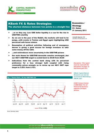 .Mean S FX & Rates Strategies
 KBank                                                                                                 Economics /
                                                                                                       Strategy
    The shortest distance between two points is a straight line
                                                                                                       FX / Rates
                                                                                                       31 January 2011
          …or so they say. Low USD dollar liquidity is a cue for the rise in
          USD/THB volatility
                                                                                                       Kobsidthi Silpachai, CFA
          As we are in the year of the Rabbit, the markets will tend to be                             kobsidthi.s@kasikornbank.com
          jumpy…with events in Tunisia and Egypt again highlighting USD
          perceived safe haven stature
          Resumption of political activities following end of emergency
          decree is giving a good excuse for foreign investors to take
          some money off the table
          …and reintroduces more uncertainty in the USD/THB picture
          Our main theme for USD/THB downside remains unchanged…but
          our 4Q11 USD/THB target is scaled back to 29.00 from 28.00
          Indications from the central bank along with its perceived
          preference for a less stronger baht coupled with rising                                        Disclaimer: This report
          commodity prices prompts us to revise up our 4Q11 BOT repo                                     must be read with the
                                                                                                         Disclaimer on page 14
          target to 3.25% from 2.75%
                                                                                                         that forms part of it


                                                                                                         KBank Capital Market
                                                                                                         Research can now be
                                                                                                         accessed on Bloomberg:
Fig 1. Theme Chart…30 day USD/THB vols
                                                                                                         KBCM <GO>
               %
           8                                                                                             K-BIZ Contact Center
           7                                                                                             0 2888 8822: For all
                                                                                                         financial & business
           6
                                                                                                         inquiries 24 Hours
           5                                                                                             Service
           4
           3
           2
           1
           0
           Jan-09          Apr-09   Jul-09   Oct-09   Jan-10     Apr-10     Jul-10   Oct-10   Jan-11

                                                        30 day volatility
Source: Bloomberg, KBank




11

1
 