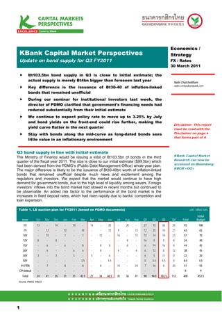 Economics /
.Mean S Capital Market Perspectives
 KBank                                                                                                         Strategy
 Update on bond supply for Q3 FY2011                                                                           FX / Rates
                                                                                                               30 March 2011

             Bt103.5bn bond supply in Q3 is close to initial estimate; the
             actual supply is merely Bt4bn bigger than foreseen last year                                       Nalin Chutchotitham
                                                                                                                nalin.c@kasikornbank.com
             Key difference is the issuance of Bt30-40 of inflation-linked
             bonds that remained unofficial
             During our seminar for institutional investors last week, the
             director of PDMO clarified that government’s financing needs had
             reduced substantially from their initial estimate
             We continue to expect policy rate to move up to 3.25% by July
             and bond yields on the front-end could rise further, making the
                                                                                                                Disclaimer: This report
             yield curve flatter in the next quarter                                                            must be read with the
             Stay with bonds along the mid-curve as long-dated bonds sees                                       Disclaimer on page 6
                                                                                                                that forms part of it
             little value in an inflationary environment


Q3 bond supply in line with initial estimate
                                                                                                                KBank Capital Market
The Ministry of Finance would be issuing a total of Bt103.5bn of bonds in the third
                                                                                                                Research can now be
quarter of the fiscal year 2011. The size is close to our initial estimate ($99.5bn) which
                                                                                                                accessed on Bloomberg:
had been derived from the PDMO’s (Public Debt Management Office) whole year plan.
                                                                                                                KBCM <GO>
The major difference is likely to be the issuance of Bt30-40bn worth of inflation-linked
bonds that remained unofficial despite much news and excitement among the
regulators and investors. We expect that the market would continue to have high
demand for government bonds, due to the high level of liquidity among savers. Foreign
investors’ inflows into the bond market had slowed in recent months but continued to
be observable. An added risk factor to the performance of the bond market is the
increases in fixed deposit rates, which had risen rapidly due to banks’ competition and
loan expansion.

 Table 1. LB auction plan for FY2011 (based on PDMO documents)                                                                 unit : billion baht

                                                                                                                                       Initial
     tenor      Oct    Nov   Dec   Jan   Feb   Mar    Apr   May   Jun    Jul   Aug   Sep   Q1   Q2      Q3     Q4      Total          Budget
      5Y         13     -    14     -    10     -     16     -    20      -    20     -    27   10      36     20       93              100
      7Y         -     12     -    10     -    10      -     -    10     9      -    12    12   20      10     21       63               65
     10Y         -     10     -    7      -     7      -    10     -     10     -    13    10   14      10     23       57               70
     12Y         8      -     8     -     -     -      -     -     -      -     8     -    16    0      0       8       24               40
     15Y         -      6     -    6      -     8      -     8     8      -     8     -    6    14      16      8       44               45
     20Y         -      6     -     -     6     6      -     8     -     6      -     6    6    12      8      12       38               45
     30Y         3      -     3     -     5     -     5      -     6      -     -     -    6     5      11      0       22               20
     50Y         -      -     -     -     -    3.5     -     -    4.5     -     -     -    0    3.5     4.5     0       8.0              4.5
    4Y FRN       -      7     -    8      -     8      -     8     -     10     -    10    7    16      8      20       51               55
 CPI linked      -      -     -     -     -     -      -     -     -      -     -     -    -     -       -      -       0                 9
     Total       24    41    25    31    21    42.5   21    34    48.5   35    36    41    90   94.5   103.5   112     400             453.5
 Source: PMDO, KBank




11

1
 