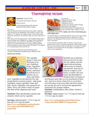 KIDS BE AWARE, INC.                                                                              Page 3



                                            Thanksgiving recipes
                Ingredients: Smoked Turkey                                                      1/4 cup water
                                                                                                2 tablespoons brown sugar
               1 (12 pound) whole turkey, neck and
                                                                                                2 tablespoons honey
               giblets removed                                                                  1 tablespoon olive oil
               1 (20 pound) bag high quality charcoal                                           2 pounds sweet potatoes (about 4 large),
                Briquettes hickory chips or chunks                                              peeled and cut into wedges
                                                                                                Cracked black pepper or chopped herb of
Directions:                                                                                     choice (rosemary, sage or thyme), to taste
Place the charcoal into the bottom pan of the smoker. Light the
coals and wait for the temperature of the smoker to come to 240         Preheat the oven to 375 F. Lightly coat a 9-by-13 inch baking pan
degrees F (115 degrees C). Lightly oil grate. Rinse turkey under        with cooking spray.
cold water, and pat dry. Place hickory chips into a pan with water to   To make the sauce, in a small bowl add the water, brown sugar, honey
cover.                                                                  and olive oil. Whisk until smooth. Place a single layer of sweet
Place turkey onto the prepared grate. Add 2 handfuls damp chips at      potatoes in the baking pan. Pour the sauce over the sweet potatoes.
start of cooking, then a handful every couple of hours during the       Turn to coat them.
cooking process. Leave the lid on - DO NOT keep looking at
                                                                        Cover and bake until tender, about 45 minutes. Turn the sweet
turkey, or you will let the heat out! Continue smoking until the
                                                                        potatoes once or twice to continue coating them. When tender, remove
internal temperature of the turkey reaches180 degrees F (82 degrees
                                                                        the cover and continue to bake until the glaze is set, about 15 minutes.
C), or keep going until the coals die out.
                                                                        Transfer to a serving dish and top with pepper or chopped herb of
                                                                        choice. Serve immediately.
http://allrecipes.com/Recipe-Tools/Print/Recipe.aspx?
recipeID=35500&origin=detail&servings=18&metric=false
Glazed Sweet Potatoes


                           The vegetable                                                       Naturally sweet and juicy,
                           group is where you                                                  fruits are also low in calo-
                           find many of na-                                                    ries, fat, sodium, and cho-
                           ture’s healthiest                                                   lesterol and are bursting
                           foods. Vegetables                                                   with an array of vitamins
                           are full of fiber, vi-                                              and minerals. Fruit may al-
                           tamins, and miner-                                                  ready be a staple in your
                           als and are low in                                                  house, so if that’s the case,
                           calories, fat, so-                                                  keep it up! Remember to
                           dium, and choles-                                                   introduce kids to all types of
terol. Vegetables are divided into five sub-                        fruit because each offers its own assortment of nutri-
groups based on nutrient content—dark-green                         ents. And try to choose whole fruit or cut-up fruit
vegetables, orange vegetables, beans and                            over fruit juices to get more fiber and fewer calories
peas, starchy vegetables, and a group for all                       per serving. Be sure to cut fruit into appropriately
others. Serve your child a variety of vegeta-                       sized pieces for younger children.
bles from all the subgroups each week.                              Nutrients: Carbohydrates, fiber, folate, vitamin C,
                                                                    potassium
Nutrients: Fiber and abundant vitamins and                          Servings: Approximately 1 to 1 1/2 cups for kids and
minerals, which vary by vegetable                                   1 1/2 to 2 cups for adults

Servings: Approximately 1 1/2 to 2 cups for                         http://www.cookinglight.com/food/lunch-box-
kids and 2 to 3 cups for adults                                     recipes-kids-00412000072333/page5.html
http://www.cookinglight.com/food/lunch-
box-recipes-kids-00412000072333/
page5.html
 