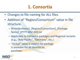 1. Consortia
• Changes to file naming for ALL files.
• Addition of “Region/Consortium” value in file
structure.
– [ProviderName]_[Region/Consortium]_[Package
Name]_[YYYY-MM-DD].txt
– Applicable to Consortia packages and Regional variants
(e.g., “Asia-Pacific”, “Germany”, etc.)
– “Global” value is used if the package
is available for all libraries to
purchase.
15
 