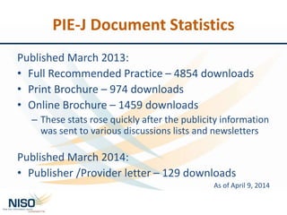 PIE-J Document Statistics
Published March 2013:
• Full Recommended Practice – 4854 downloads
• Print Brochure – 974 downloads
• Online Brochure – 1459 downloads
– These stats rose quickly after the publicity information
was sent to various discussions lists and newsletters
Published March 2014:
• Publisher /Provider letter – 129 downloads
As of April 9, 2014
 