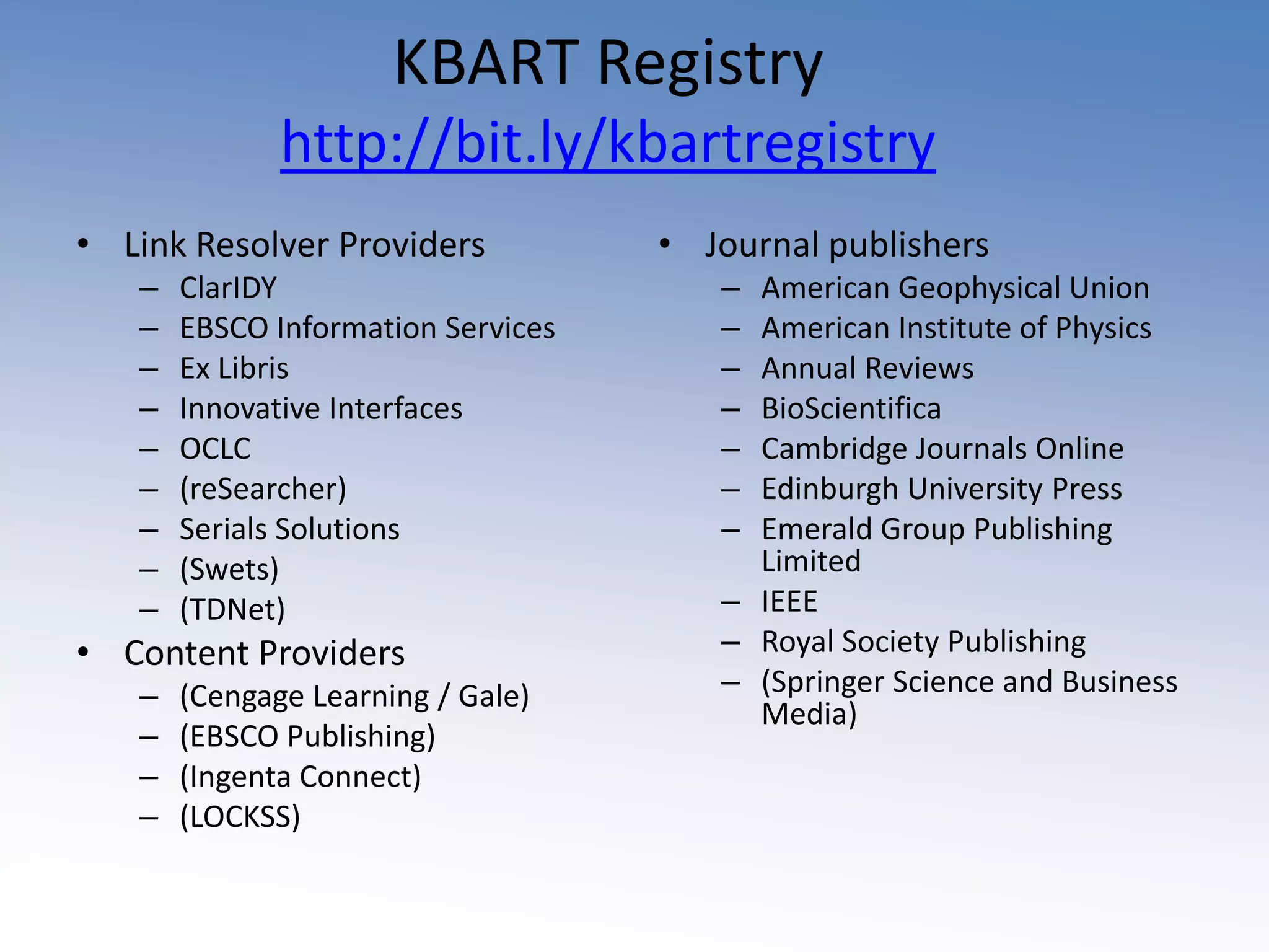 KBART Registry http://bit.ly/kbartregistryLink Resolver ProvidersClarIDYEBSCO Information ServicesEx LibrisInnovative InterfacesOCLC(reSearcher)Serials Solutions(Swets)(TDNet)Content Providers(CengageLearning / Gale)(EBSCO Publishing)(Ingenta Connect)(LOCKSS)Journal publishersAmerican Geophysical UnionAmerican Institute of PhysicsAnnual ReviewsBioScientificaCambridge Journals OnlineEdinburgh University PressEmerald Group Publishing LimitedIEEERoyal Society Publishing(Springer Science and Business Media)