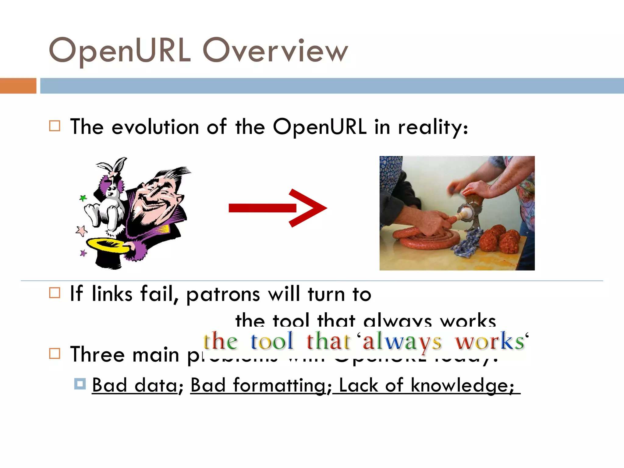 OpenURL Overview The evolution of the OpenURL in reality: If links fail, patrons will turn to  the tool that always works Three main problems with OpenURL today: Bad data ;  Bad formatting ;  Lack of knowledge;  ‘  ‘ 