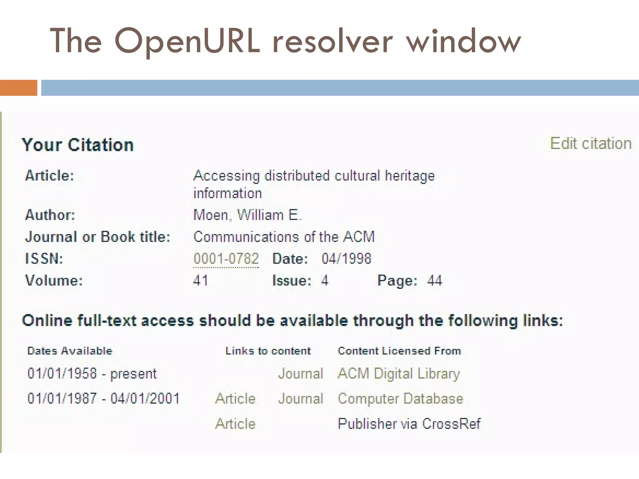 The OpenURL resolver window 