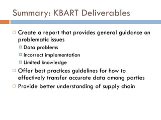 Summary: KBART Deliverables <ul><li>Create a report that provides general guidance on problematic issues </li></ul><ul><ul...
