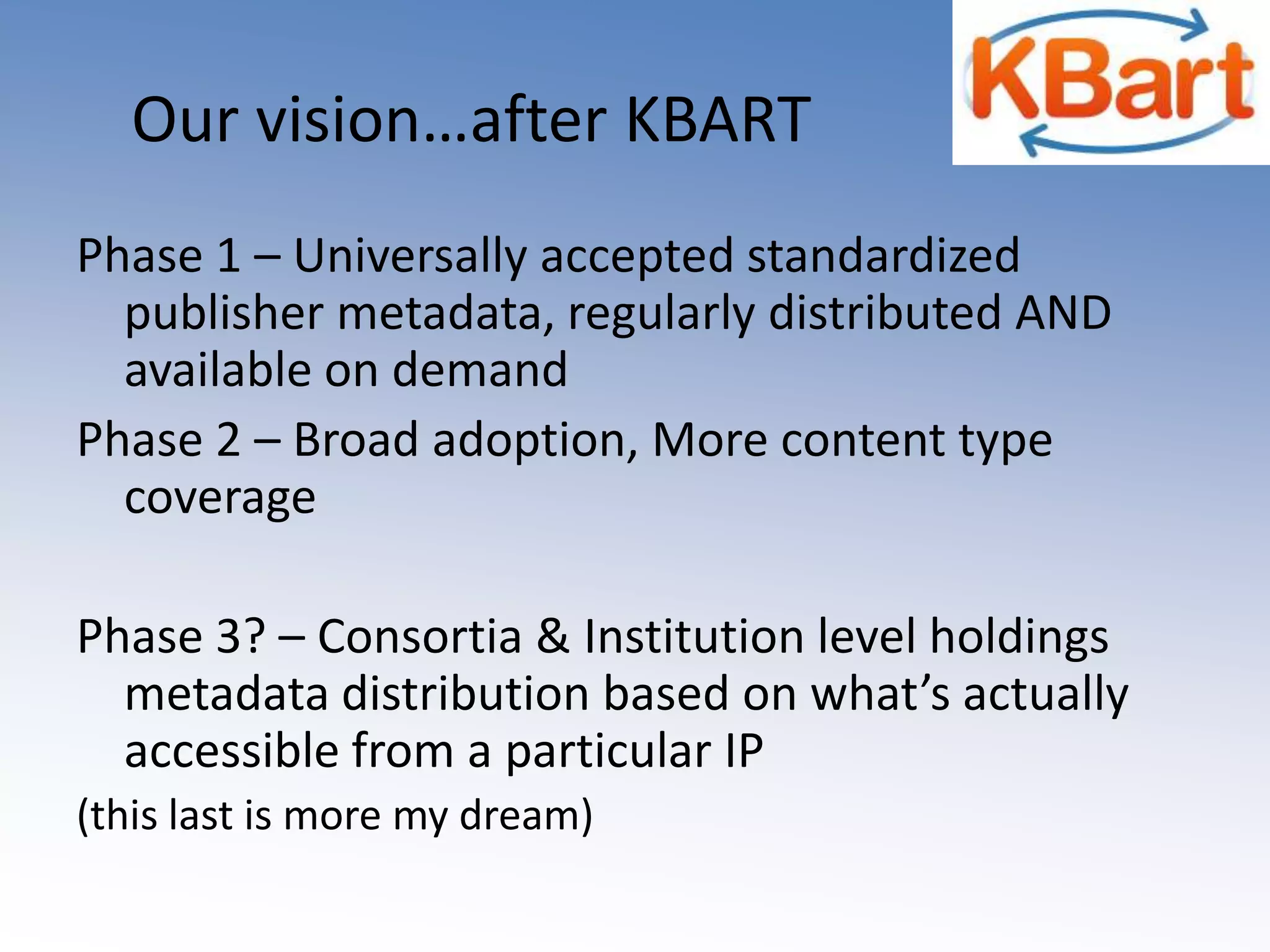 We need good data. Make it speak KBART!AIP -- the ideal scenarioFirst publisher KBART adopterhttp://librarians.scitation.org/librarians/help_files.jsp