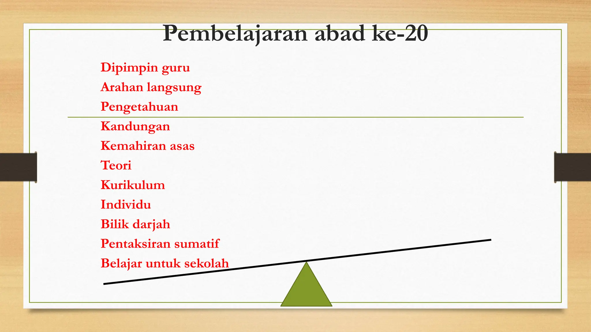 Pembelajaran abad ke-20
Dipimpin guru
Arahan langsung
Pengetahuan
Kandungan
Kemahiran asas
Teori
Kurikulum
Individu
Bilik darjah
Pentaksiran sumatif
Belajar untuk sekolah
 
