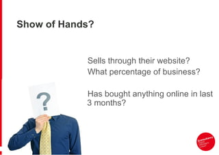 Show of Hands?


            Sells through their website?
            What percentage of business?

            Has bought anything online in last
            3 months?
 