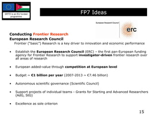 Conducting  Frontier Research European Research Council Frontier (“basic”) Research is a key driver to innovation and economic performance Establish the  European Research Council  (ERC) – the first pan-European funding agency for Frontier Research to support  investigator-driven  frontier research over all areas of research European added-value through  competition at European level Budget ~  €1 billion per year  (2007-2013 ~ €7.46 billion) Autonomous scientific governance (Scientific Council) Support projects of individual teams - Gr ants for Starting and Advanced Researchers (AdG, StG) Excellence as sole criterion FP7 Ideas 