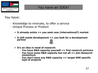 You have an IDEA? You have: Knowledge to innovate, to offer a service Unique Process or Product It already exists => you seek new (international?) market  It still needs development => you look for a development  partner It’s an idea in need of research: You have R&D capacity yourself => find research partners You have some R&D capacity but not all => join Research consortium You don’t have any R&D capacity => target SME specific type of projects 