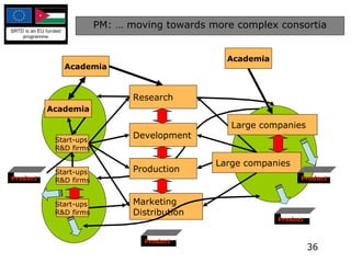 PM: … moving towards more complex consortia Academia Start-ups R&D firms Research Development Production Academia Marketing Distribution Large companies Academia Start-ups R&D firms Start-ups R&D firms Large companies Product Product Product Product 