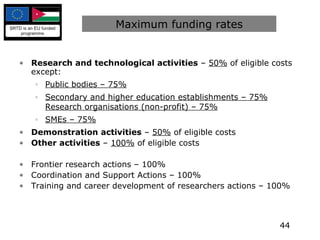 Maximum funding rates Research and technological activities  –  50%  of eligible costs except: Public bodies – 75% Secondary and higher education establishments – 75% Research organisations (non-profit) – 75% SMEs – 75% Demonstration activities  –  50%  of eligible costs Other activities  –  100%  of eligible costs Frontier research actions – 100% Coordination and Support Actions – 100% Training and career development of researchers actions – 100% 