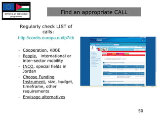 Find an appropriate CALL Regularly check LIST of calls: http://cordis.europa.eu/fp7/dc/index.cfm?fuseaction=UserSite.FP7CallsPage&rs Cooperation , KBBE People ,  international or inter-sector mobility INCO , special fields in Jordan Choose Funding Instrument , size, budget, timeframe, other requirements Envisage alternatives 