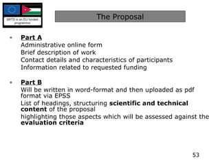 The Proposal Part A   Administrative online form Brief description of work Contact details and characteristics of participants Information related to requested funding Part B Will be written in word-format and then uploaded as pdf format via EPSS List of headings, structuring  scientific and technical content  of the proposal highlighting those aspects which will be assessed against the  evaluation criteria 