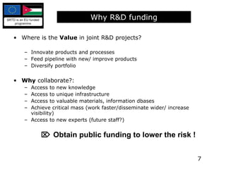 Where is the  Value  in joint R&D projects? Innovate products and processes Feed pipeline with new/ improve products Diversify portfolio Why  collaborate?: Access to new knowledge Access to unique infrastructure Access to valuable materials, information dbases Achieve critical mass (work faster/disseminate wider/ increase visibility) Access to new experts (future staff?)    Obtain public funding to lower the risk ! Why R&D funding 