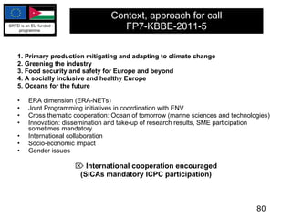 Context, approach for call FP7-KBBE-2011-5 1. Primary production mitigating and adapting to climate change 2 . Greening the industry 3. Food security and safety for Europe and beyond 4. A socially inclusive and healthy Europe 5. Oceans for the future ERA dimension  (ERA-NETs) Joint Programming initiatives  in coordination with ENV Cross thematic cooperation: Ocean of tomorrow (marine sciences and technologies) Innovation:  dissemination and take-up of research results, SME participation sometimes mandatory International collaboration Socio-economic impact Gender issues International cooperation encouraged (SICAs mandatory ICPC participation) 