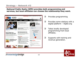 12
Strategy – Network #3
 Provides programming
 Provides some stations with a
digital platform – KQED.org
 Takes locally developed
programming from local
affiliates.
 Supports with training and
revenue generation.
National Public Radio (NPR) provides both programming and
services, but local affiliates can choose the relationship they want.
 