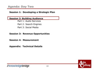 13
Session 1: Developing a Strategic Plan
Session 2: Building Audience
Part 1: Audio Services
Part 2: Search Engines
Part 3: Social Media
Session 3: Revenue Opportunities
Session 4: Measurement
Appendix: Technical Details
Agenda: Day Two
 