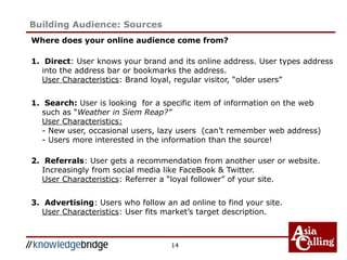 14
Building Audience: Sources
Where does your online audience come from?
1. Direct: User knows your brand and its online address. User types address
into the address bar or bookmarks the address.
User Characteristics: Brand loyal, regular visitor, “older users”
1. Search: User is looking for a specific item of information on the web
such as “Weather in Siem Reap?”
User Characteristics:
- New user, occasional users, lazy users (can’t remember web address)
- Users more interested in the information than the source!
2. Referrals: User gets a recommendation from another user or website.
Increasingly from social media like FaceBook & Twitter.
User Characteristics: Referrer a “loyal follower” of your site.
3. Advertising: Users who follow an ad online to find your site.
User Characteristics: User fits market’s target description.
 