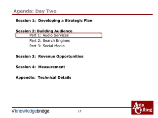 17
Session 1: Developing a Strategic Plan
Session 2: Building Audience
Part 1: Audio Services
Part 2: Search Engines
Part 3: Social Media
Session 3: Revenue Opportunities
Session 4: Measurement
Appendix: Technical Details
Agenda: Day Two
 