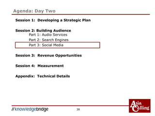 38
Session 1: Developing a Strategic Plan
Session 2: Building Audience
Part 1: Audio Services
Part 2: Search Engines
Part 3: Social Media
Session 3: Revenue Opportunities
Session 4: Measurement
Appendix: Technical Details
Agenda: Day Two
 
