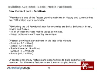 Now the hard part – FaceBook.
FaceBook is one of the fastest growing websites in history and currently has
over 900 million users worldwide.
Excluding the US FaceBook’s top five countries are India, Indonesia, Brazil,
Mexico and Turkey.
- In all of these markets mobile usage dominates.
- Usage patterns in each country are unique.
Fastest growing major markets in the last three months
- Brazil (+ 7.0 million)
- Japan (+2.4 million)
- South Korea (+1.9 million)
- Sweden (+1.7million)
- Russia (+1.1 million)
FaceBook has many features and opportunities to build audience and
revenue. But the extra features make it more complex to use.
45
Building Audience: Social Media Facebook
 