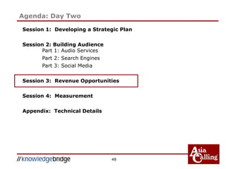 48
Session 1: Developing a Strategic Plan
Session 2: Building Audience
Part 1: Audio Services
Part 2: Search Engines
Part 3: Social Media
Session 3: Revenue Opportunities
Session 4: Measurement
Appendix: Technical Details
Agenda: Day Two
 