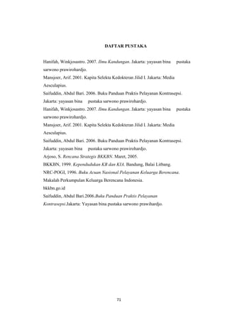 71
DAFTAR PUSTAKA
Hanifah, Winkjosastro. 2007. Ilmu Kandungan. Jakarta: yayasan bina pustaka
sarwono prawirohardjo.
Mansjoer, Arif. 2001. Kapita Selekta Kedokteran Jilid I. Jakarta: Media
Aesculapius.
Saifuddin, Abdul Bari. 2006. Buku Panduan Praktis Pelayanan Kontrasepsi.
Jakarta: yayasan bina pustaka sarwono prawirohardjo.
Hanifah, Winkjosastro. 2007. Ilmu Kandungan. Jakarta: yayasan bina pustaka
sarwono prawirohardjo.
Mansjoer, Arif. 2001. Kapita Selekta Kedokteran Jilid I. Jakarta: Media
Aesculapius.
Saifuddin, Abdul Bari. 2006. Buku Panduan Praktis Pelayanan Kontrasepsi.
Jakarta: yayasan bina pustaka sarwono prawirohardjo.
Arjoso, S. Rencana Strategis BKKBN. Maret, 2005.
BKKBN, 1999. Kependudukan KB dan KIA. Bandung, Balai Litbang.
NRC-POGI, 1996. Buku Acuan Nasional Pelayanan Keluarga Berencana.
Makalah Perkumpulan Keluarga Berencana Indonesia.
bkkbn.go.id
Saifuddin, Abdul Bari.2006.Buku Panduan Praktis Pelayanan
Kontrasepsi.Jakarta: Yayasan bina pustaka sarwono prawihardjo.
 