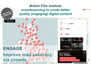 bfi.org.uk/britain-on-film
ENGAGE
Improve map accuracy
via crowds.
British Film Institute
crowdsourcing to create better
quality (engaging) digital content
 
