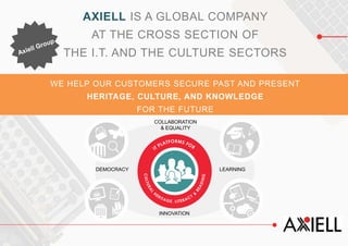 AXIELL IS A GLOBAL COMPANY
AT THE CROSS SECTION OF
THE I.T. AND THE CULTURE SECTORS
WE HELP OUR CUSTOMERS SECURE PAST AND PRESENT
HERITAGE, CULTURE, AND KNOWLEDGE
FOR THE FUTURE
DEMOCRACY
COLLABORATION
& EQUALITY
LEARNING
INNOVATION
 