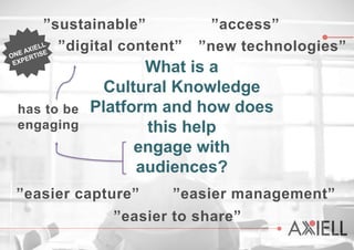 What is a
Cultural Knowledge
Platform and how does
this help
engage with
audiences?
”sustainable” ”access”
”new technologies”
”easier capture” ”easier management”
”easier to share”
has to be
engaging
”digital content”
 
