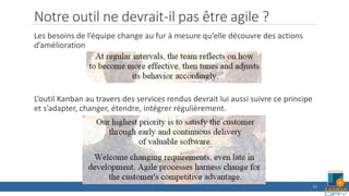 Notre outil ne devrait-il pas être agile ?
Les besoins de l’équipe change au fur à mesure qu’elle découvre des actions
d’amélioration
L’outil Kanban au travers des services rendus devrait lui aussi suivre ce principe
et s’adapter, changer, étendre, intégrer régulièrement.
15
 
