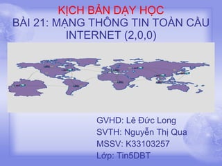 KỊCH BẢN DẠY HỌC BÀI 21: MẠNG THÔNG TIN TOÀN CẦU INTERNET (2,0,0) GVHD: Lê Đức Long SVTH: Nguyễn Thị Qua MSSV: K33103257 Lớp: Tin5DBT 