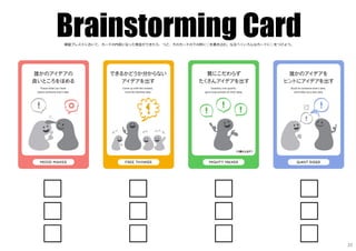 Brainstorming Card練習ブレストにおいて、カードの内容に沿った発言ができたら、つど、そのカードの下の枠に○を書き込む。なるべくいろんなカードに○をつけよう。
20
 