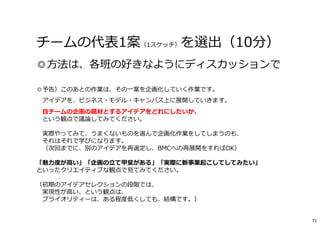 チームの代表1案（1スケッチ）を選出（10分）
◎方法は、各班の好きなようにディスカッションで
◎予告）このあとの作業は、その一案を企画化していく作業です。
アイデアを、ビジネス・モデル・キャンバス上に展開していきます。
自チームの企画の題材とするアイデアをどれにしたいか、
という観点で議論してみてください。
実際やってみて、うまくないものを選んで企画化作業をしてしまうのも、
それはそれで学びになります。
（次回までに、別のアイデアを再選定し、BMCへの再展開をすればOK）
「魅⼒度が⾼い」「企画の⽴て甲斐がある」「実際に新事業起こしてしてみたい」
といったクリエイティブな観点で⾒てみてください。
（初期のアイデアセレクションの段階では、
実現性が⾼い、という観点は、
プライオリティーは、ある程度低くしても、結構です。）
71
 