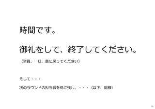 時間です。
御礼をして、終了してください。
（全員、一旦、島に戻ってください）
そして・・・
次のラウンドの担当者を島に残し、・・・（以下、同様）
90
 