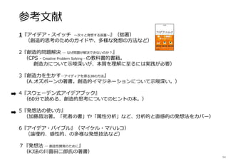 参考文献
1『アイデア・スイッチ 〜次々と発想する装置〜』（拙著）
（創造的思考のためのガイドや、多様な発想の方法など）
2『創造的問題解決 ― なぜ問題が解決できないのか︖』
（CPS – Creative Problem Solving - の教科書的書籍。
創造⼒について⽰唆深いが、本質を理解に⾄るには実践が必要）
3『創造⼒を⽣かす―アイディアを得る38の方法』
（A.オズボーンの著書。創造的イマジネーションについて⽰唆深い。）
4『スウェーデン式アイデアブック』
（60分で読める、創造的思考についてのヒントの本。）
5『発想法の使い方』
（加藤昌治著。「死者の書」や「属性分析」など、分析的と直感的の発想法をカバー）
6『アイデア・バイブル』（マイケル・マハルコ）
（論理的、感性的、の多様な発想技法など）
７『発想法 ― 創造性開発のために』
（KJ法の川喜田⼆郎氏の著書）
94
 