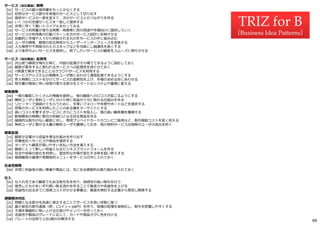 サービス（含む製品）開発
【01】サービスの最小提供量をもっと少なくする
【02】好評なサービス部分を単独のサービスとして切り出す
【03】提供サービスの一部を変えて、次のサービスとのつながりを作る
【06】いくつかの支援サービスを一括して提供する
【18】非常に早くて軽いトライアルを⾏ってみる
【19】サービス利⽤量が落ちる時期・時間帯に別の⽤途や市場向けに提供していく
【23】サービスの利⽤者の⾏動パターンを次のサービス設計に反映させる
【25】自動的に市場や⼈々から供給されるものをサービスの中に組み込む
【28】ユーザの視覚、聴覚の反応特性からユーザーインターフェースを改善する
【29】⼊⼒順序や不明部分の⼊⼒スキップなどを可能にし融通性を⾼くする
【38】より条件のよいサービスを提供し、終了したいサービスの顧客をスムーズに移⾏させる
サービス（含む製品）拡張性
【07】沢山使う顧客が現れた時に、内容の拡張がその場でできるように設計しておく
【10】顧客が要求すると思われるサービスへの拡張性を持たせておく
【15】IT関連で解決できることはクラウドサービスを利⽤する
【30】サービスやシステムの規模をユーザ数に合わせて適宜拡張できるようにする
【37】参⼊時期にコストをかけてサービスの柔軟性を上げ、市場の求める形にあわせる
【36】取引量の増加に伴い効率の落ちる部分をスマートなシステムや業務に変える
顧客開発
【04】一部の顧客にたくさんの情報を提供し、他の顧客への口コミが起こるようにする
【08】無料ユーザと有料ユーザに分けた時に収益が⼗分に取れる仕組みを作る
【11】リピーターで居続けてもらうために、⼿厚いフォローや年間サポートなどを提供する
【12】同等のサービスを利⽤したことのある層をターゲットにする
【22】⾼いコストを要するサービスにさらにコストを投⼊し、質の⾼い顧客層を獲得する
【24】新規開拓の時期に取引の突破口となる目⽟商品を作る
【27】継続的な取引のない顧客に対し、専⽤プリペイドカードのコンビニ販売など、取引開始コストを低く抑える
【39】有料ユーザと繋がる大量の無料ユーザも獲得しておき、他の有料サービス出現時のユーザの流出を防ぐ
顧客拡張
【13】顧客が企業から収益を得る仕組みを作り出す
【17】同業他社へサービスや商品を提供する
【33】ターゲット顧客が買いやすい支払い方法を導⼊する
【34】顧客にとって新しい収益となるビジネスプラットフォームを作る
【35】社会や技術の変化を利⽤し、固定的な市場が変化する時を狙い参⼊する
【40】継続顧客の優遇や⻑期契約メニューをサービスの中に⼊れておく
社会性開発
【09】非常に利益率の⾼い事業や商品には、先に社会貢献的な取り組みを⼊れておく
仕入
【05】仕⼊れ先であり顧客でもある取引先を作り、持続性の⾼い取引を⾏う
【14】販売したものをいずれ買い取る流れを作ることで集客⼒や収益性を上げる
【20】収益性の出るまでに投資コストがかかる事業は、撤退を検討する企業から買収し開発する
課題解決対応
【21】問題となる部分を迅速に修正することでサービスを良い状態に保つ
【26】最小単位の取引通貨（例︓1コイン＝108円）を作り、現場の処理を単純化し、取引を把握しやすくする
【31】不満を積極的に吸い上げる仕掛けやメンバーを作っておく
【32】収益性や製品のグレードに応じて、カードや商品タグに色を付ける
【16】パレートの法則で上位2割のみ解決する
TRIZ for B
（Business Idea Patterns）
99
 
