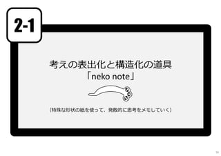 考えの表出化と構造化の道具
「neko note」
（特殊な形状の紙を使って、発散的に思考をメモしていく）
2-1
16
 